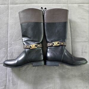 Michael Kors Black and Brown Leather Boots with Gold Accent